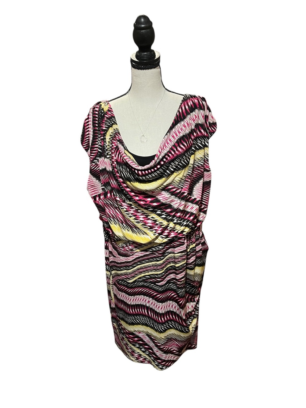 ALFANI 16W Abstract Print Cowl Neck Draped Open Back Stretch Dress Pink Black